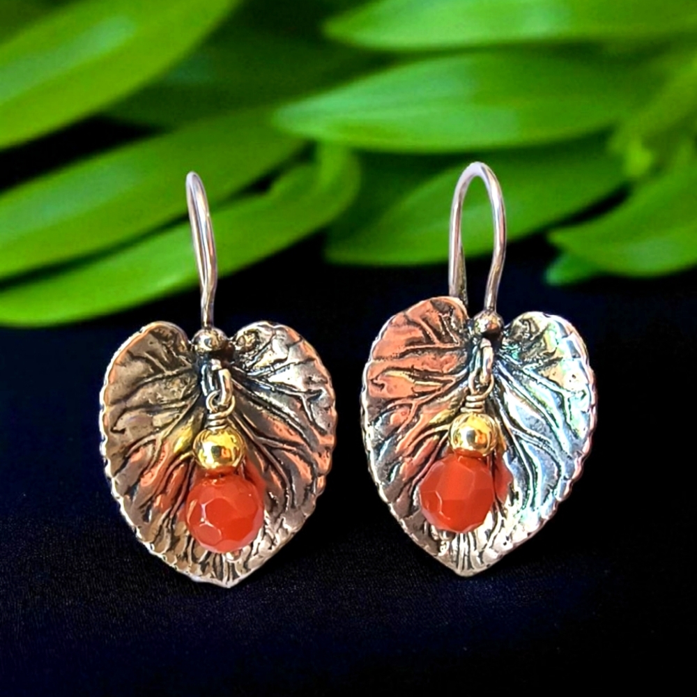 Vintage Noy Li Israel 14K Gold, Sterling Silver and Carnelian Leaf Earrings